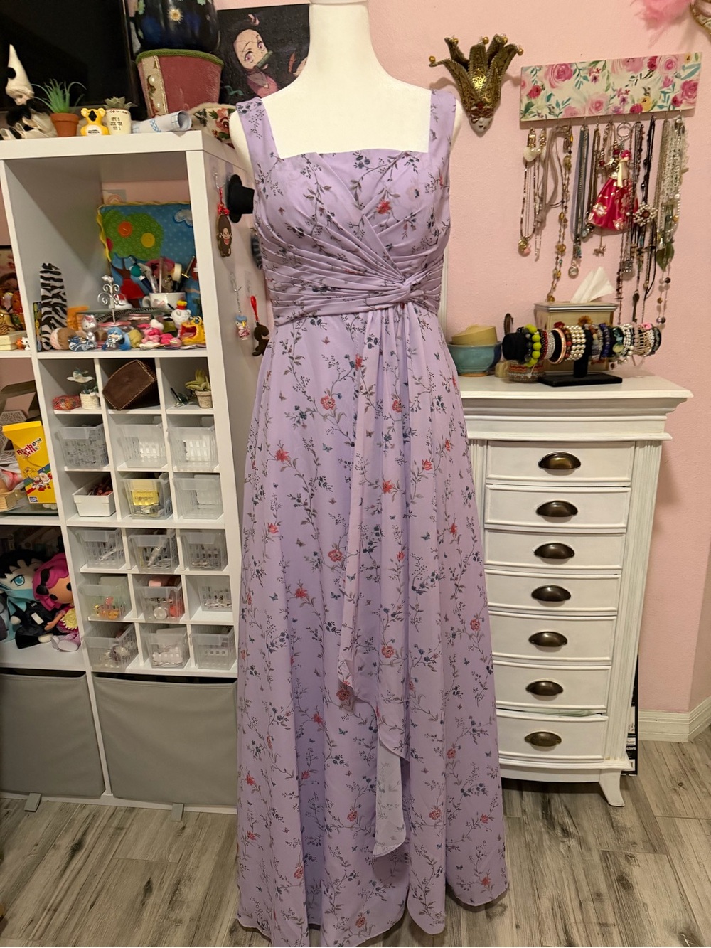 Lavender Floral Maxi Dress with Square Neck